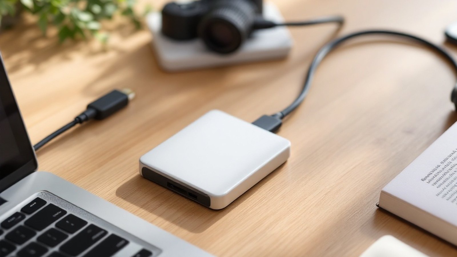 An external hard drive plugged into a laptop on a desk