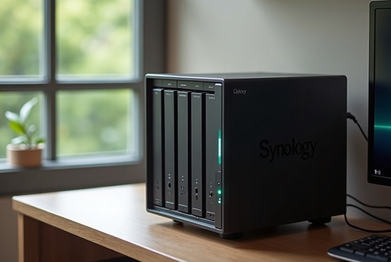 Photo of a Synology or QNAP NAS unit on a home-office shelf
