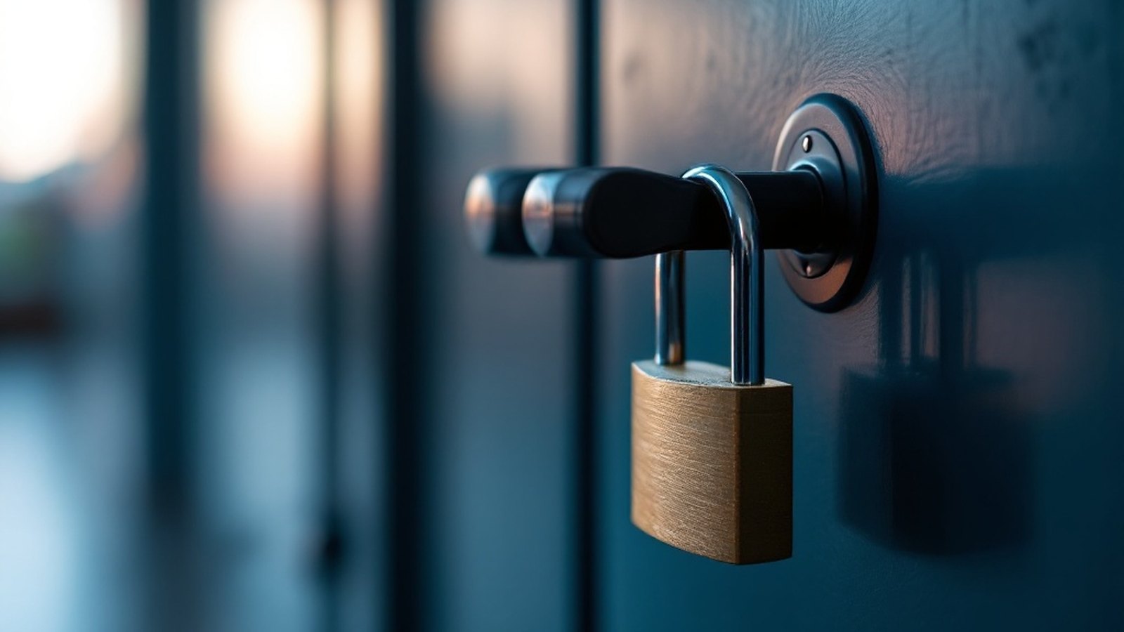 Close-up of a padlock on a door with two distinct keys visible