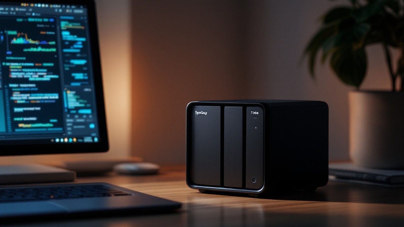 A compact two-bay Synology NAS box on a desk or shelf
