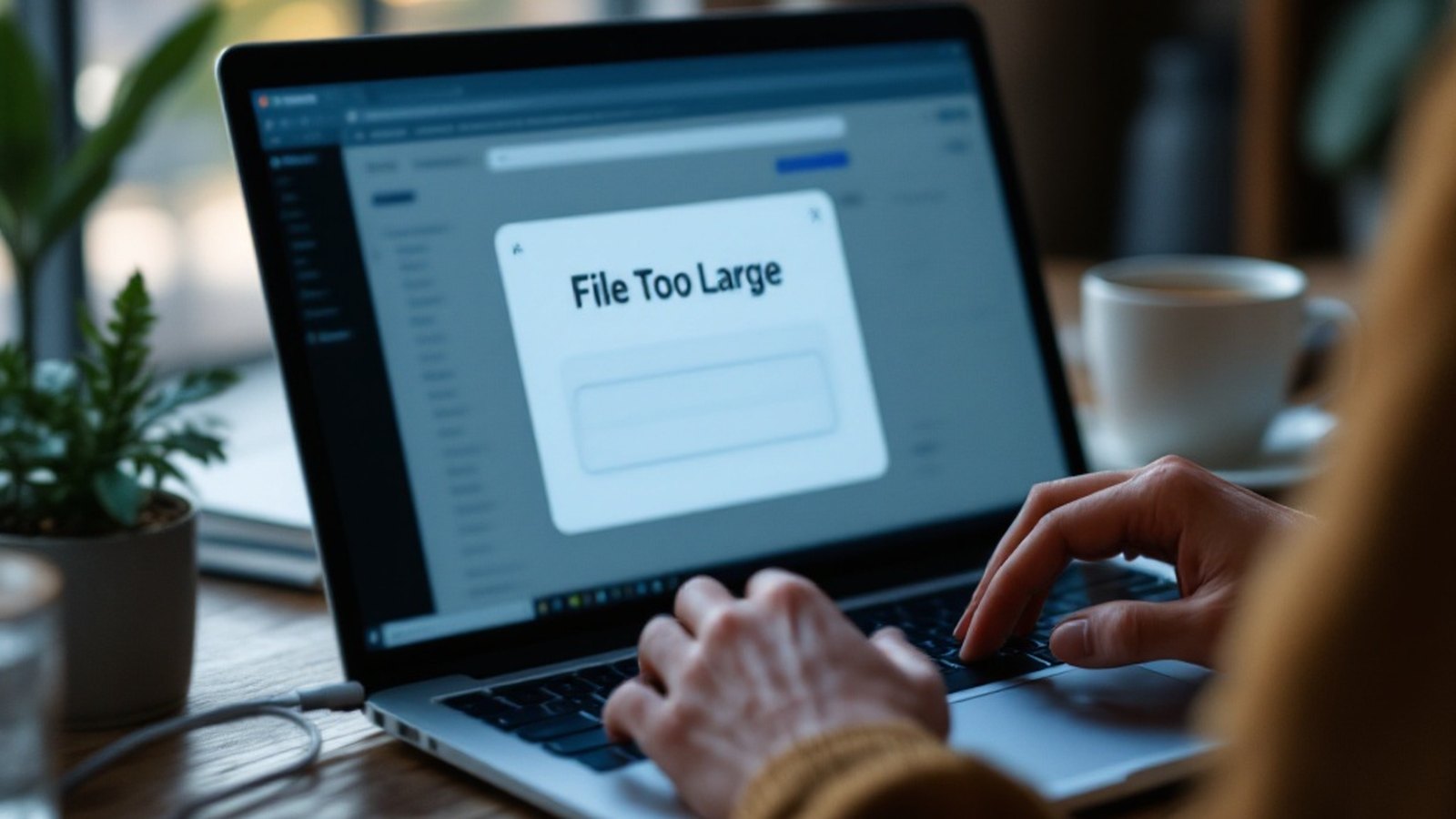 Someone receiving a "file too large" email bounce notification on a laptop