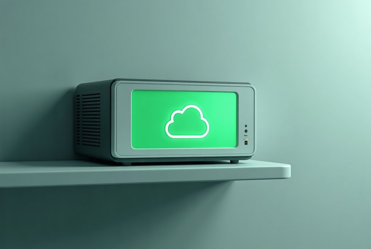 Flat vector: a small home server box with a green cloud icon on its screen, sitting on a shelf, minimal geometric style