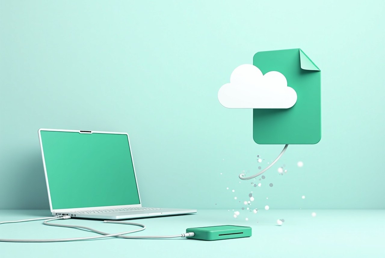 Flat vector: a file dropping into a transfer link that dissolves after use, green accent, minimal geometric style