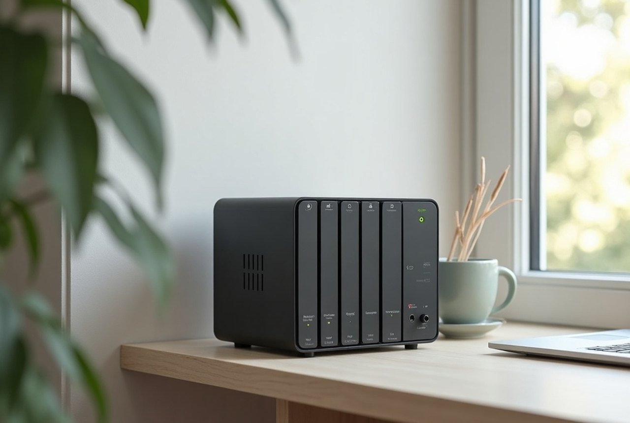 Flat vector: a small four-bay NAS box on a home shelf with a green network indicator, minimal geometric style