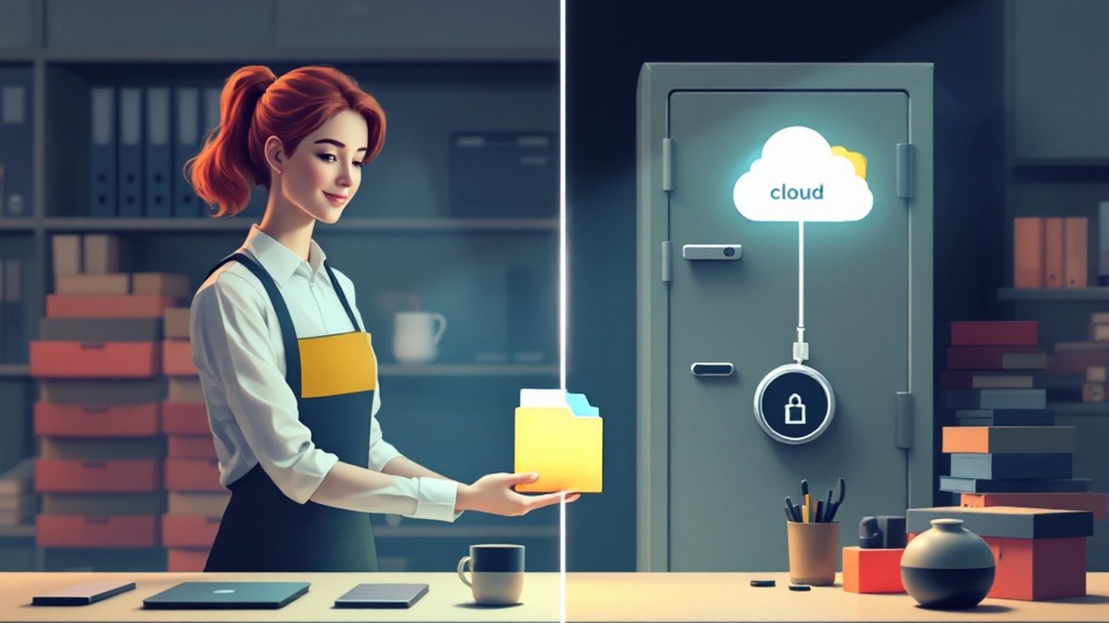 Split illustration comparing a filing clerk with a folder to a locked safe, labelled standard cloud vs zero-knowledge
