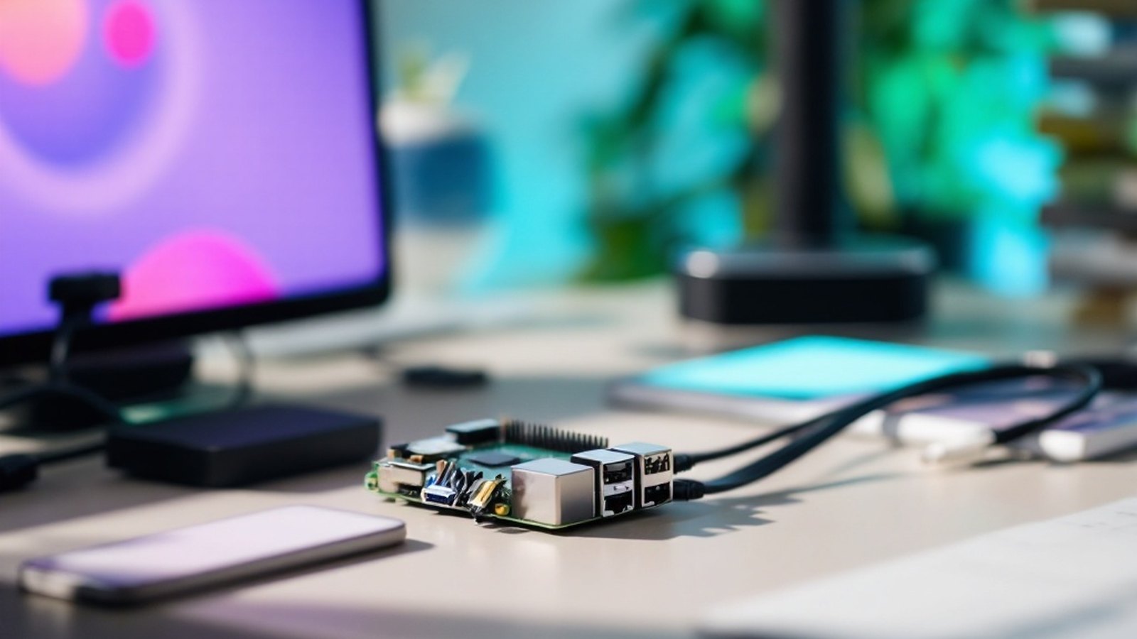 A Raspberry Pi or small NAS device on a home-office desk