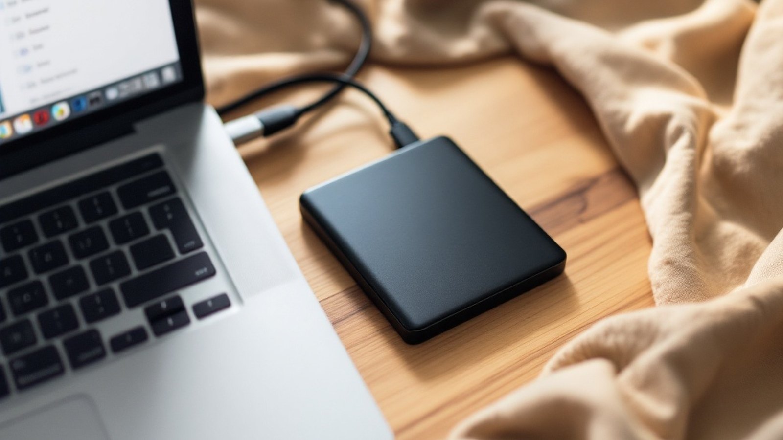 An external hard drive sitting next to an open laptop
